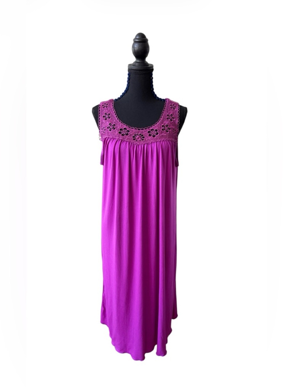 Bright Fuchsia Pull Over Nightgown Pajamas with Crochet Floral Yoke